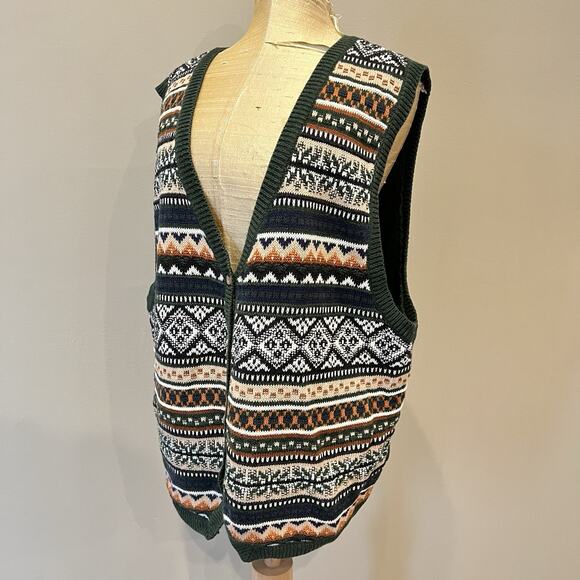 VTG Sweater Vest Women XL Green Knit Fair Isle Goblin‎ Cabin Forest - Picture 1 of 12
